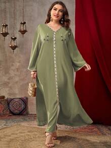 Al Najma 大码女式长袖拼布编织束带连衣裙，适合圣诞节超长女装 - 綠色 - 查看 5