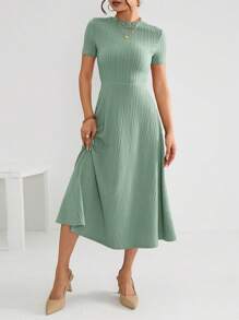SHEIN Essnce Solid Colored Short Sleeve Stand Collar Women's Dress - Mint Green - View 4