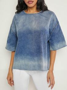 Denimoi 渐变色落肩毛边牛仔上衣 - 彩色 - 查看 5