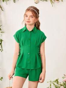 SHEIN 2pcs/Set Tween Girl Cross Front Crop Top And Wide Leg Shorts - Green - View 3