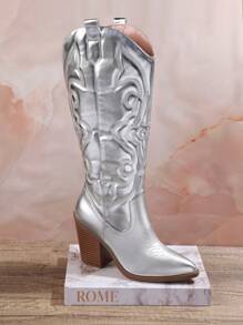 SHUZIA Women's Silver Fashionable Mid-Calf High Heel Boots - Silver - View 3