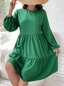 Calvaya Kích thước lớn Màu thuần Tay áo lồng đèn Đầm giản dị - Màu xanh lá cây đậm - Xem 4