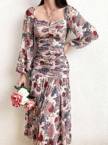 Modelyn 女士花卉印花褶皱灯笼袖连衣裙复古连衣裙长款晚礼服 - 粉色 - 查看 7