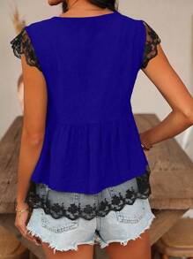 SHEIN LUNE Contrast Lace V-Neck Ruffle Trim Blouse - Blue - View 2