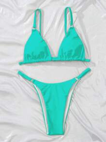 SHEIN Swim Conjunto de bikini de neón de unicolor para mujer con parte superior de micro triángulo, para verano en la playa - verde menta - Ver 4
