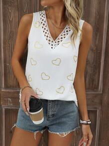 SHEIN LUNE Women's Heart Print Lace Patchwork Tank Top - Multicolor - View 3