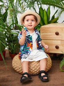 SHEIN 嬰兒男童休閒夏季假期植物圖案短袖襯衫和純色短褲套裝 - 彩色 - 查看 4