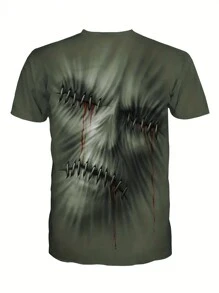 Camiseta De Cuello Redondo Con Estampado De Calavera Para Hombre - Verde militar - Ver 2