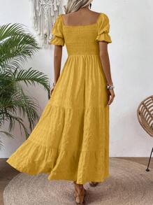 SHEIN Clasi Women's Square Neck Bubble Sleeve Shirred Bodice Solid Texture Dress Maxi Women Outfit