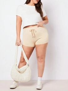 SHEIN BASICS Plus Size Women's Knitted Casual Drawstring Waist Short Leggings - Multicolor - View 5
