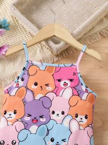 SHEIN Vestido De Tirantes Con Estampado De Conejo De Dibujos Animados Para Niña Pequeña - Multicolor - Ver 3