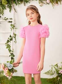 SHEIN Cô gái Tween Vòng cổ Không tay Đan Sọc Đầm Với 3D Ren lưới Đồ trang trí - Màu Hồng Tươi - Xem 3