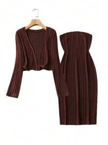 Calvaya Plus Size Women's Ribbed Cardigan & Workwear Strapless Dress Two Piece Set - Brown - View 1