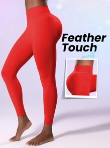 SHEIN Solid Color High Waist Sports Leggings - Red - View 2