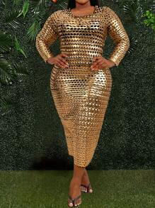 Inoviana Đầm ôm body cổ tròn khoét sâu cỡ lớn cho nữ - Vàng - Xem 4