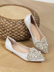 女士蕾絲珍珠裝飾平底鞋,四季適用,時尚女鞋 - 銀色 - 查看 2