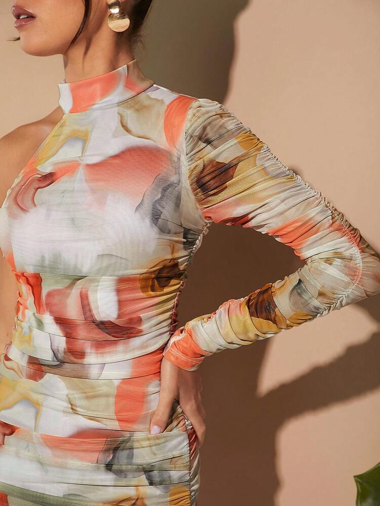 Summer Fashion Asymmetric Neck Ruched Slit Midi Dress