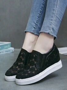 女士楔形高跟厚底運動鞋,鞋帶透氣休閒鞋,隱形增高運動鞋 - 黑色 - 查看 2