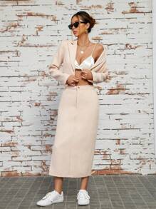 GENKIRA Solid Color Suit Jacket With Lapel Collar And Split Hem Skirt Set - Apricot - View 5