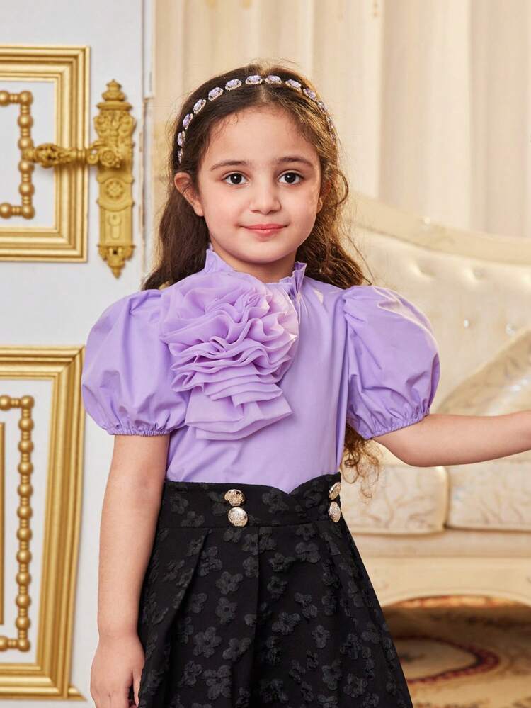Young Girl Cute, Comfortable 3d Flower Puff Sleeve Shirt With Small Stand Collar
