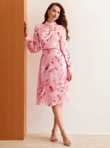 MOTF PREMIUM 絲光植物印花鑰孔領氣球袖連身裙 - 彩色 - 查看 9