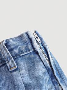 SHEIN Girlism Tween Girls的y2k款實色褶皺生邊牛仔短裙,適合春夏波西米亞搭配 - 淺色水洗藍 - 查看 3