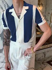 Men's Contrast Color Stripe Polo Collar Short Sleeve Knit Top - Navy Blue - View 3