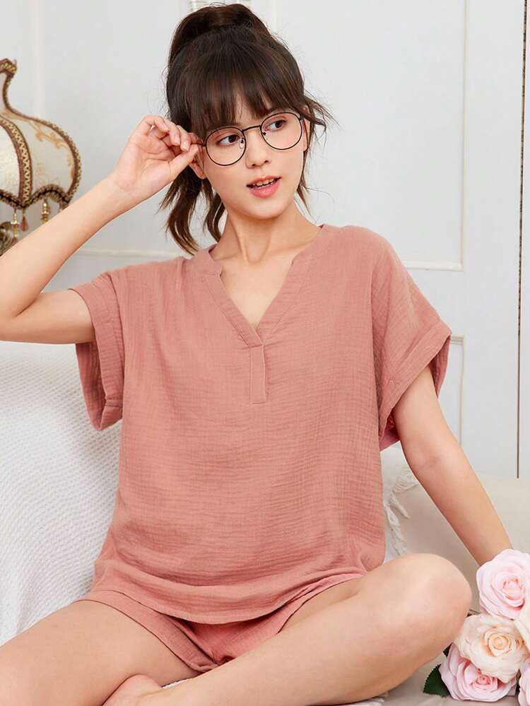 Teen Girl Short Sleeve Shirt With Folded Cuffs And V-Neckline, Shorts Home & Lounge Wear Outfit