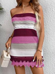 Flirla Plus Size Colorblock Pleated Strapless Sweater Dress