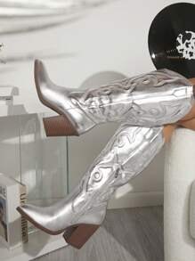 SHUZIA Women's Silver Fashionable Mid-Calf High Heel Boots - Silver - View 7