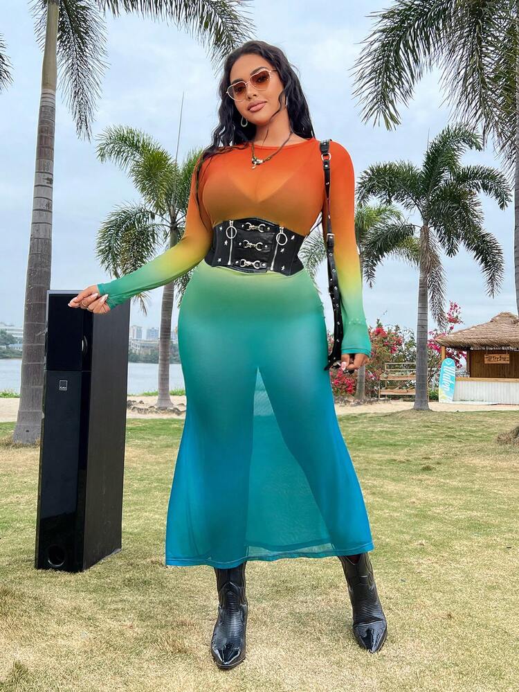 Plus Size Women's Gradient Long Sleeve Mesh Dress