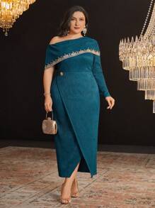 Modelyn Plus Asymmetrical Shoulder Contrast Lace Split Hem Dress Long Evening Dresses - Blue - View 4