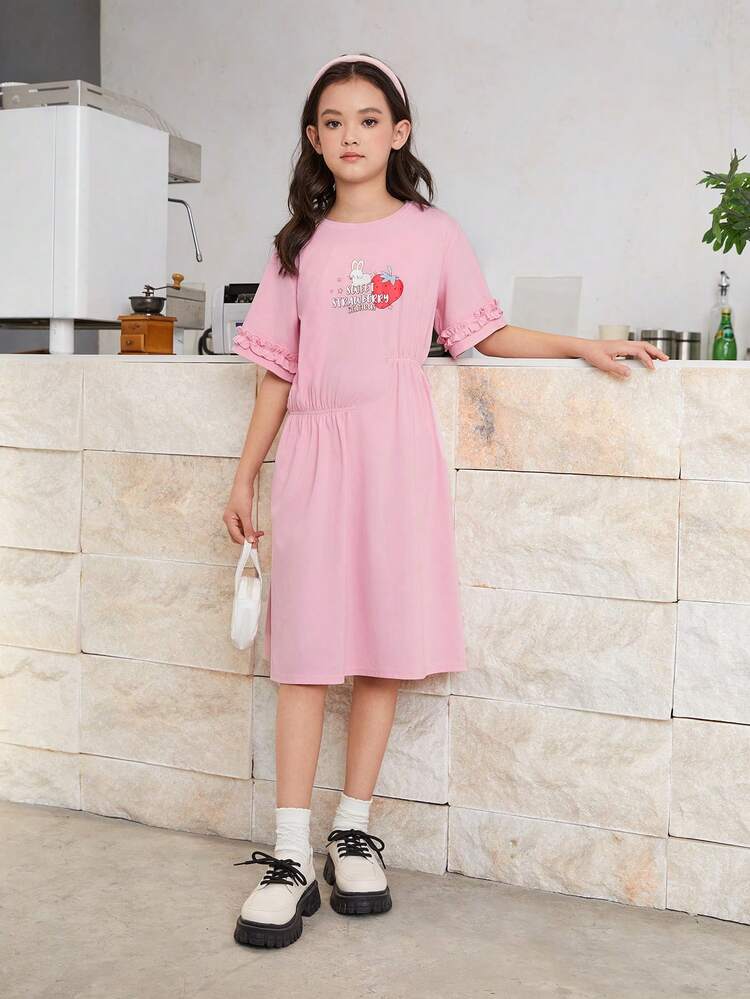 Tween Girls' Loose Casual Cartoon Pattern Dress With Asymmetrical Hem, Flounce Neckline, And Gathered Waist