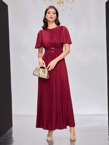 Modelyn 勃艮第红色女士圆领荷叶边短袖褶皱下摆连衣裙，优雅晚会礼服长款晚礼服