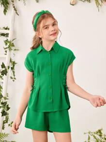 SHEIN 2pcs/Set Tween Girl Cross Front Crop Top And Wide Leg Shorts - Green - View 6