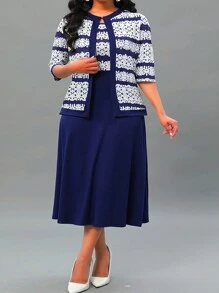 SHEIN Clasi Plus Size Women's Floral Printed Open-Front Jacket And Sleeveless Dress Set - Navy Blue - View 1