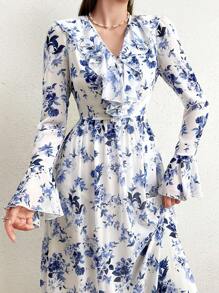 Modelyn Floral Printed Ruffle Hem Dress With Flare Sleeves Long Evening Dresses - Blue and White - View 1