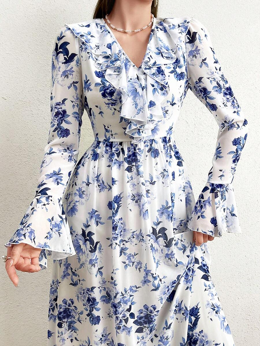 Modelyn Floral Printed Ruffle Hem Dress With Flare Sleeves Long Evening Dresses - Blue and White - View 1