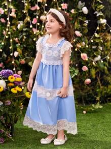 SHEIN Young Girl Sweet And Cute Lace Trim Decorated Patchwork Ruffle Dress For Summer - Blue and White - View 6