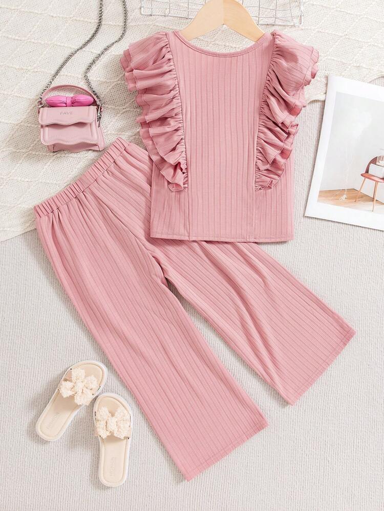 Young Girl Round Neck Layered Ruffle Sleeve T-Shirt And Straight Leg Pants 2pcs/Set