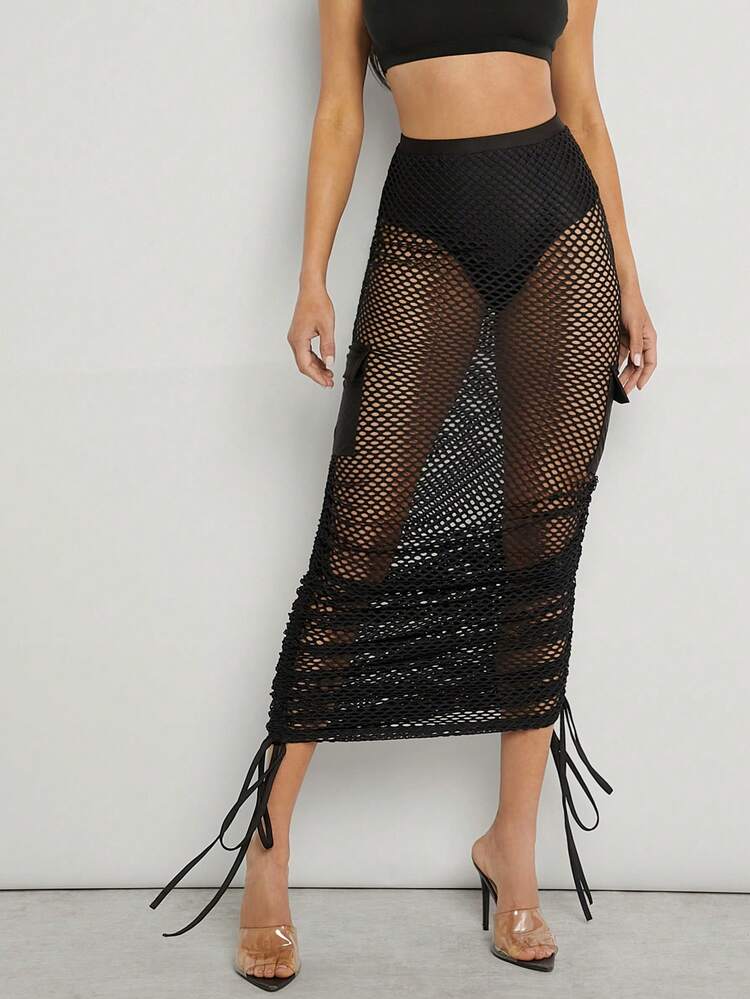 Fishnet Mesh Drawstring Ruched Skirt