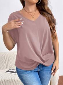 SHEIN Frenchy 大尺碼女士扭結扣環蝙蝠短袖v領綠色襯衫 - 粉色 - 查看 4