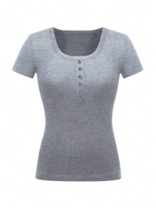 INAWLY Women's Solid Color Button Half Placket Short Sleeve T-Shirt - Grey - View 4