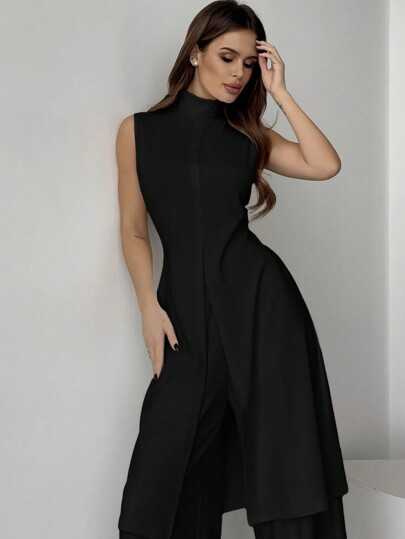 Firerie 2pcs/Set Women's Simple Elegant Casual Light Heather Gray Fuzzy Ribbed Sleeveless Turtleneck Top And Relaxed Pants Set Fall Clothes