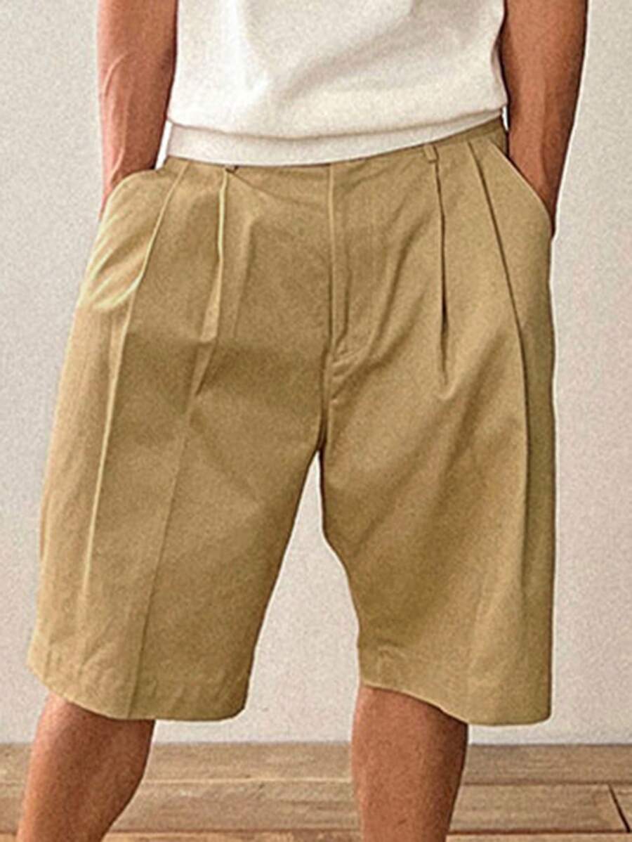 DAZY Men's Summer Solid Color Pleated Shorts - Khaki - View 1