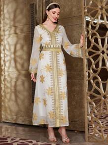 Al Najma Embroidery & Applique & Weave Design Dress - Apricot - View 3