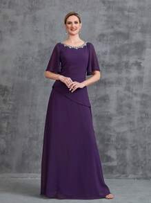 Women's Rhinestone Detail Short Flared Sleeve Sleeve Chiffon Party Dress - Purple - View 5