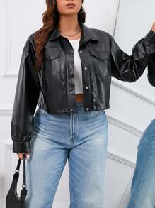 SHEIN EZwear 大碼翻蓋口袋落肩袖PU皮革夾克 - 黑色 - 查看 5