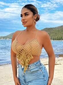 SHEIN SXY Summer Vacation Beach Cropped Khaki Tank Top For Summer