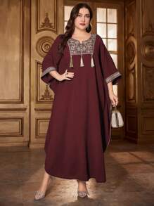 Al Najma Burgundy Red Plus Size Batwing Sleeve Dress With Fringed Decoration And Woven Belt